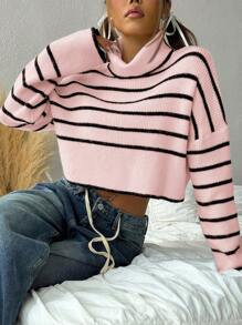 Muchica 女式休闲高领条纹落肩长袖毛衣，秋冬 - 粉色 - 查看 4