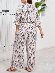 SHEIN VCAY Plus Size Tropical Resort Apricot Geometric Print Collared Short Sleeve Waisted Wide Leg Jumpsuit, Casual Versatile Loose Jumpsuit - Apricot - View 2