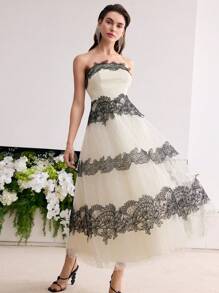 MOTF Soiréza CONTRAST LACE MESH TUBE DRESS - Black and White - View 3