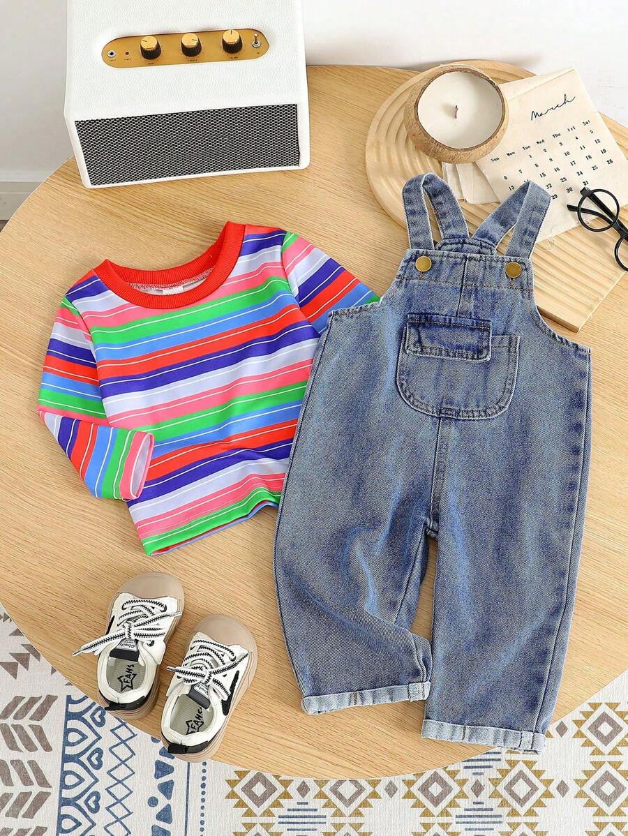 SHEIN 2pcs/Set Baby Boy Striped Crew Neck Long Sleeve T-Shirt And Bib Pants Casual Outfit, Autumn - Red - View 1
