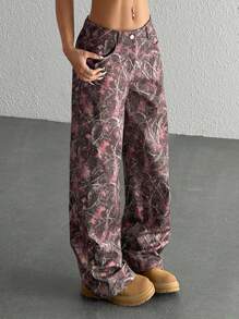 SHEIN EZwear Pantalones casuales con botones delanteros y estampado all-over para mujeres