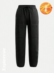 SHEIN 青少年女孩休闲纯色抽绳腰长裤，户外，秋冬 - 黑色 - 查看 11