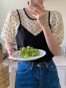 DAZY Women's Cute Polka Dot Patchwork Short Sleeve 2 In 1 Blouse