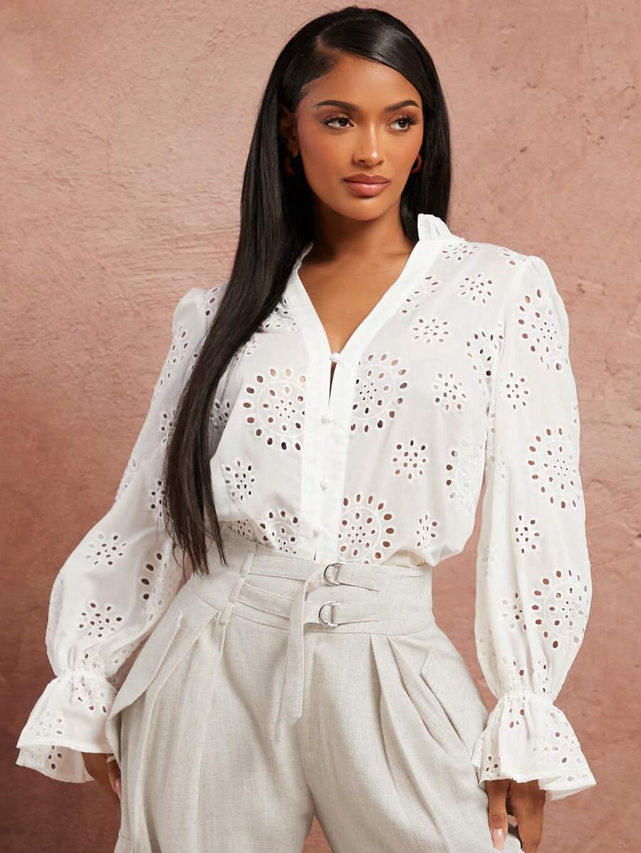 SHEIN SXY Spring/Summer Date Valentine's Day Wedding Elegant Vacation Outfits Birthday Outfits For Woman White Face Cloth Embroidered V-Neck Ruffled Trim Long Sleeve Pleated Front Center Cardigan Shirt Blouse - White - View 1