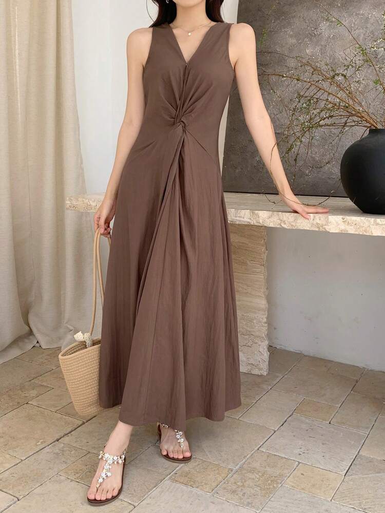 Vestido corto de estilo coreano de línea A sin mangas de color liso con retorcido en las mujeres, vestidos casuales para mujeres