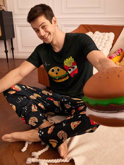 Notgurli Hamburger & Fries Print Short Sleeve Pants Men's Pajama Set