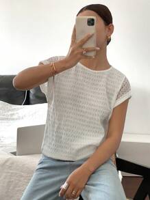 SHEIN Frenchy 女士纯色圆领白色圆袖休闲肌肉T恤夏季女装夏季上衣爆款服装热销款式 - 白色 - 查看 7