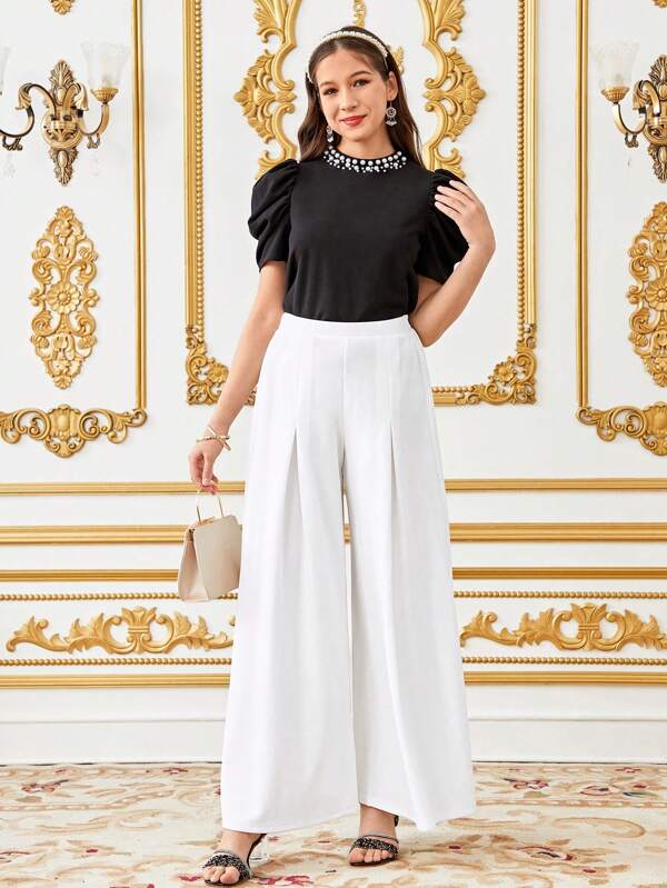 SHEIN Teenager Mädchen Lässig elegante Retro Urlaub vielseitige plissierte Weite Bein Einfarbige Hose, Weiß