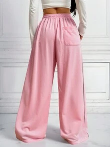 SHEIN EZwear Women Letter Print Detail Elastic Waist Simple Casual Long Pants, For Everyday Wear