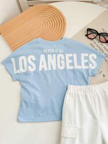 SHEIN Leap Crew 2pcs/Set Young Boys Casual Street Style Los Angeles Letter Graphic Loose Fit Crew Neck T-Shirt And Sports Shorts Summer Set - Baby Blue - View 7