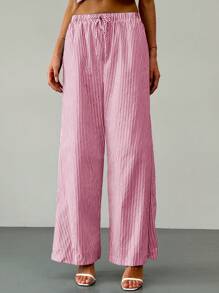 Aloruh 2pcs Set Young Lady Commuter Simple Neck Tie Slit Striped Vest + Low Waist Striped Maxi Pants - Red and White - View 6