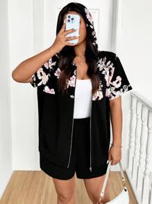 SHEIN LUNE Plus Summer 2pcs/Set Floral Print Front Zipper Casual Loose Top And Shorts - Multicolor - View 5