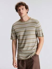 Ontre Men's Striped Short-Sleeved Knitted Top Simple Fashion Casual Vacation Beach Outing Clothes, New Styles For Spring And Summer 2025, Travel, Holiday And Commuting