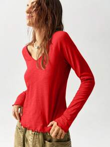 Bohemela 女士度假波西米亚风 V 领长袖宽松 T 恤秋冬休闲 - 紅色 - 查看 6