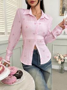 Comfortcana 女式前扣长袖休闲衬衫，带蝴蝶结细节，简约设计 - 粉色 - 查看 6