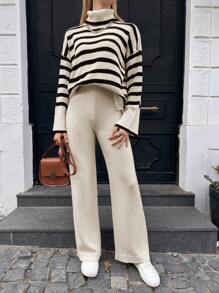 SHEIN Cottnline 2pcs/Set Women High Neck Long Sleeve Striped Simple Top And Pants - Multicolor - View 3