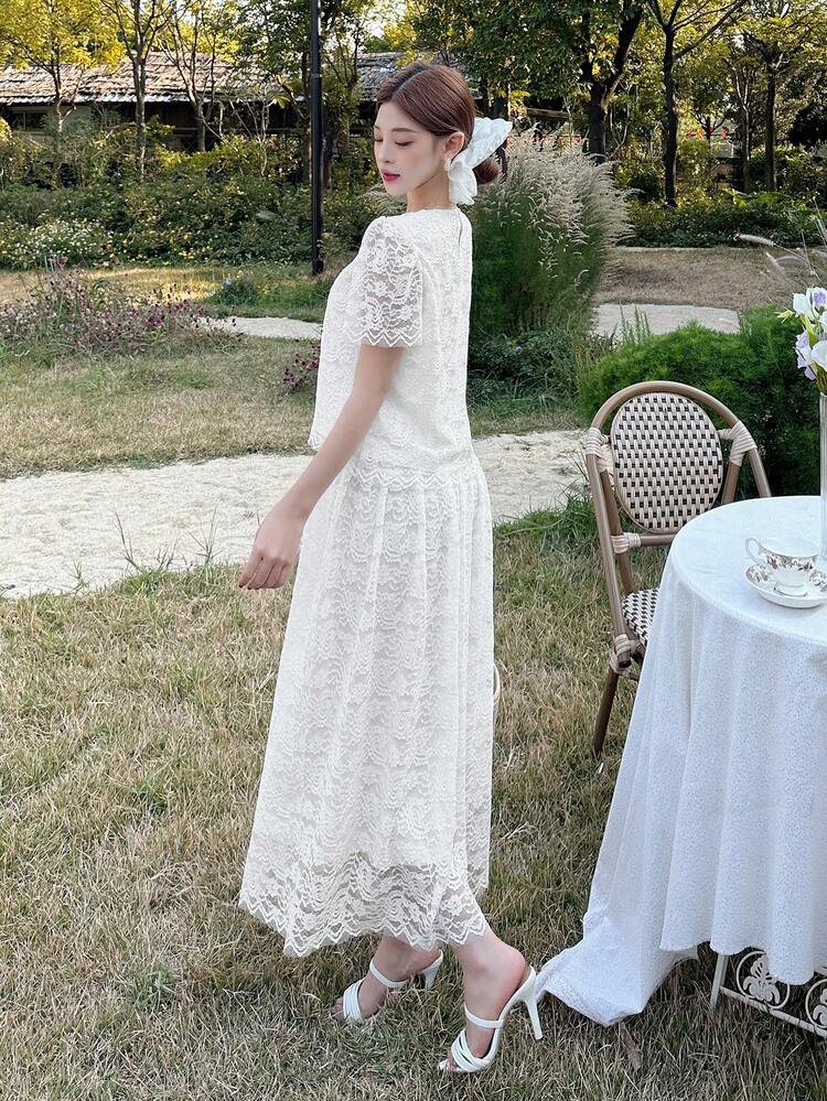 2 Pieces Set: Lace Round Neck Puff Sleeve Blouse & Skirt For Women