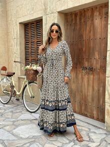 Breezaya Casual Patchwork Full Print Short Sleeve Dress Maxi Women Outfit Fall Cloth For Women