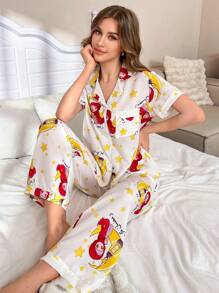 Bubble Print Lapel Cardigan Short Sleeve & Long Pants Women Pajama Set - Beige - View 2