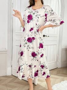 Ruffle Trim Floral Print Long Nightgown Babydoll With Short Sleeves PerfectSummer - Multicolor - View 6