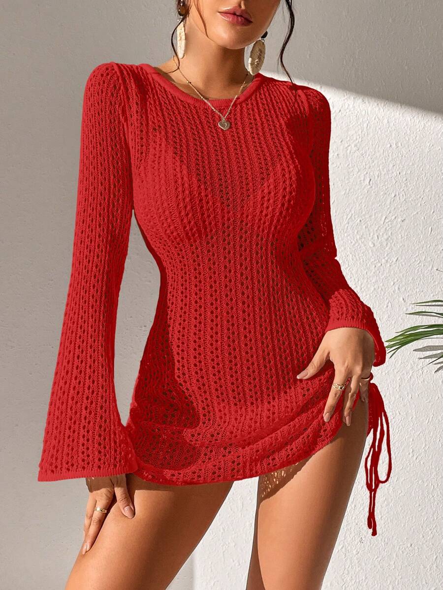 SHEIN Swim 1 件女式纯色长袖休闲罩衫连衣裙，适合夏季海滩度假 - 紅色 - 查看 1