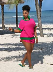 Slaydiva 2025 New Versatile Daily Casual All-Match Minimalist Plus Size Women 2 Pieces Set: Colorblock T-Shirt & Shorts - Multicolor - View 6