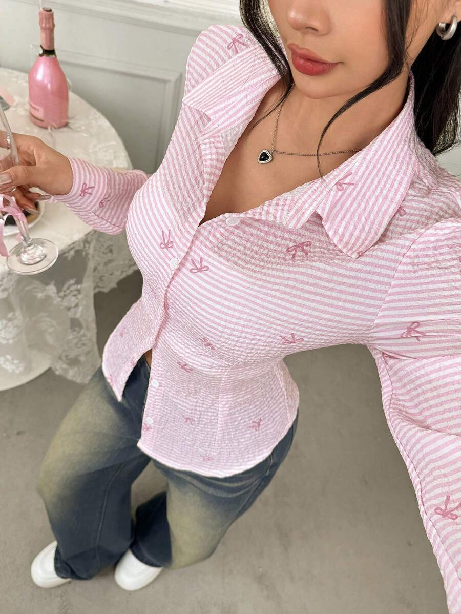 Comfortcana 女式前扣长袖休闲衬衫，带蝴蝶结细节，简约设计 - 粉色 - 查看 1