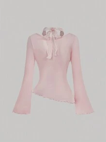 SHEIN MOD Damstickad spets lapptäcke Asymmetrisk fåll Ruched Choker Neck Spetskant Knytbar midja blus - Rosa - Visa 2