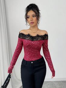 Chiquease 女士亮片面料拼布花卉边饰修身性感露肩 T 恤 - 紅色 - 查看 4