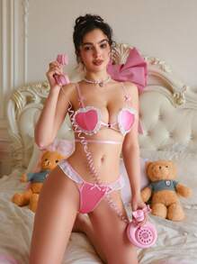 PetitDoll Set de 2 piezas de lencería sexy con volantes para mujeres, que incluye una taza de noodle con forma de corazón rosa y linda