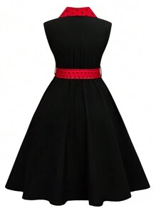 SHEIN Clasi Vestido vintage de talla grande para mujer con estampado de lunares, cintura anudada y sin mangas con cuello de solapa