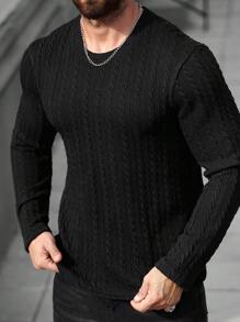 Manfinity Homme Plus Size Men's Solid Color Crew Neck Black Long Sleeve Casual T-Shirt