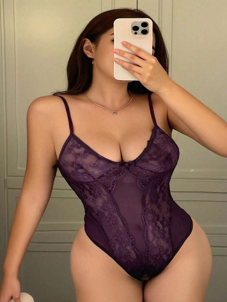 Dazy Plus Plus Size Sleep Solid Color Lace Sexy Spaghetti Strap Bodysuit Sleepwear, All Season