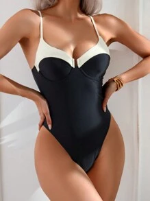 Swim Chiccia Đồ bơi liền thân dây mảnh gợi cảm, mềm mại, đệm cúp dành cho nữ, dây chéo có thể điều chỉnh, thiết kế khối màu, đồ đi biển cho kỳ nghỉ hè ở bãi biển - Nhiều màu - Xem 2