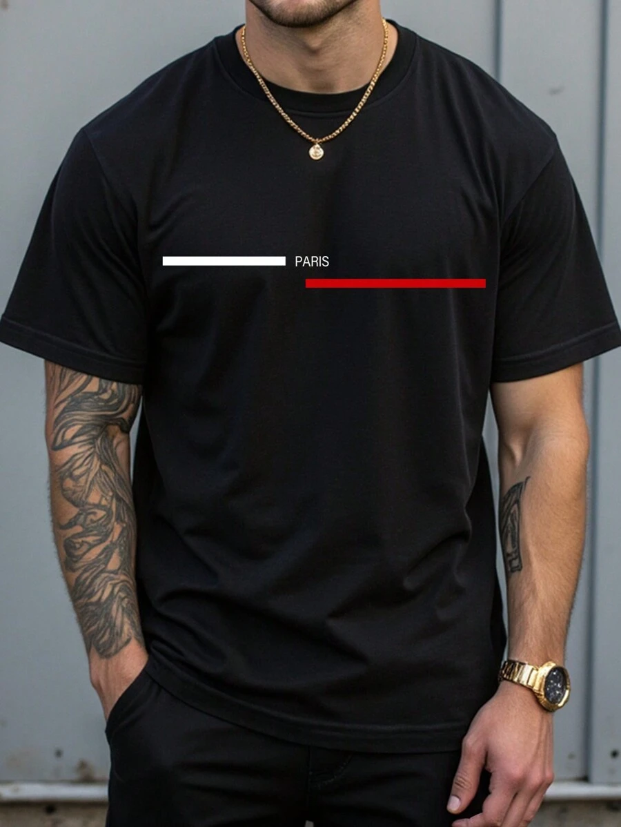 Manfinity Homme 男士時尚線條設計印花大尺碼短袖t恤