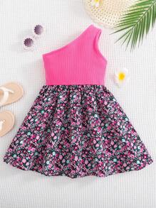 SHEIN Young Girl Casual Knit One-Shoulder Top Spliced Woven Shift Dress - Pink - View 2