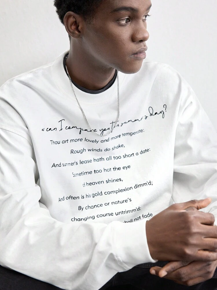 SHEIN Maija Men's 2025 Spring New Letter Print Round Neck Loose Casual T-Shirt, Minimalist & Versatile Style For Everyday, Date, Holiday, New Year Party, Business Commute, White Long Sleeve