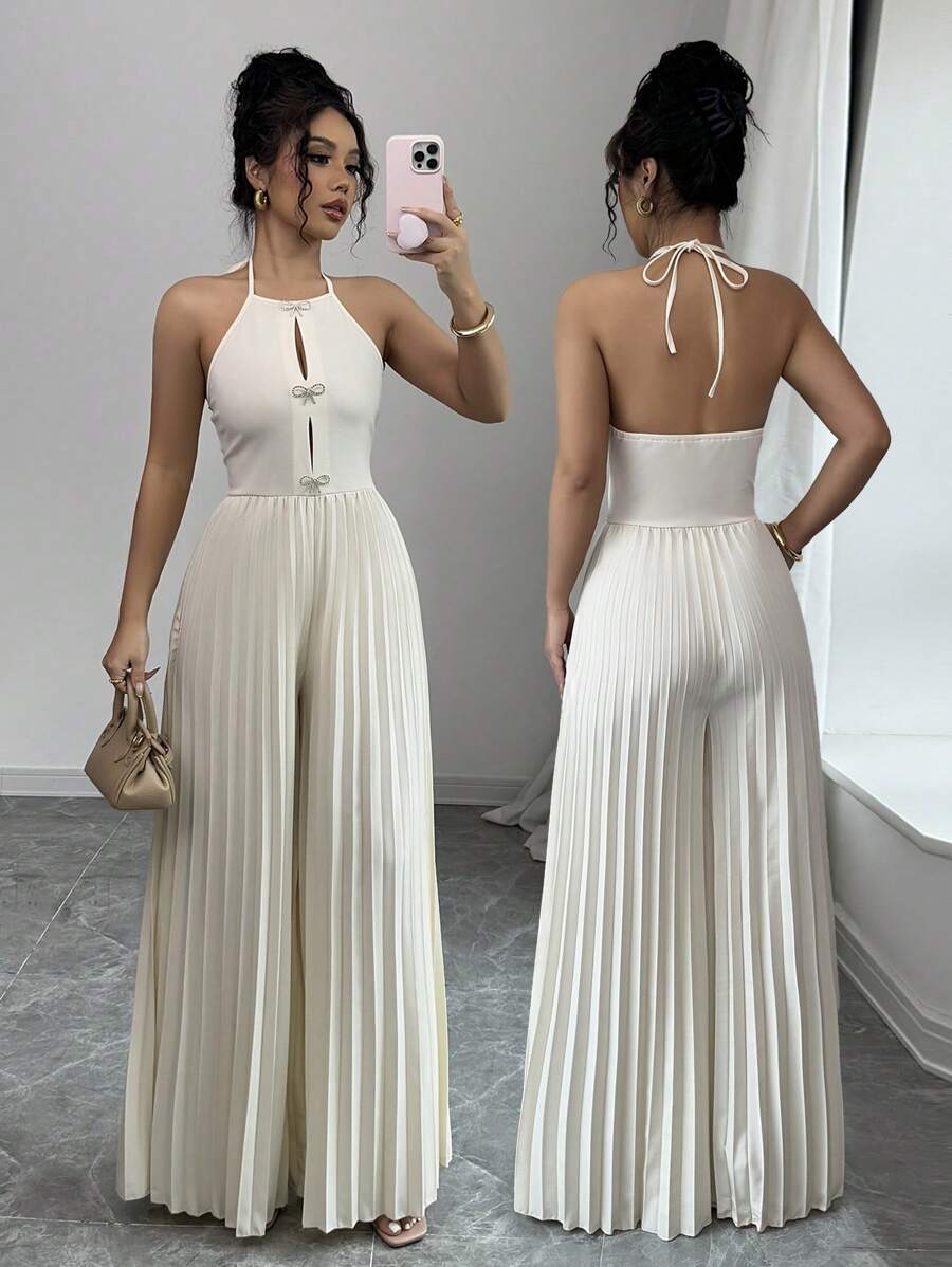 Gloray Elegant Apricot Color Halter Tie Front Cut-Out Metal Rhinestone Bow Pleated Wide Leg Jumpsuit For Women - Apricot - View 1