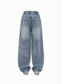 SHEIN Explorewe Tween Girls Y2K Style Distressed Washed Wide Leg Jeans, Comfortable & Versatile For Daily Wear - Light Wash - View 2