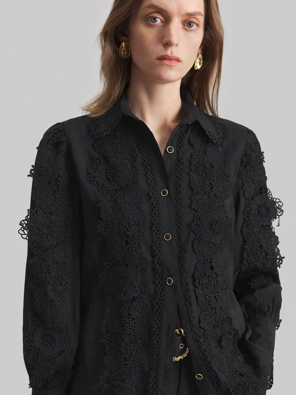 2pcs Women Suit Set - Collared Long Sleeve Shirt With Lace Trim Loose Shorts, Elegant Vacation Outfit