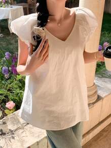 DAZY Women's Solid Color V-Neck Casual Loose Blouse, Daily Wear Summer,Ruffle