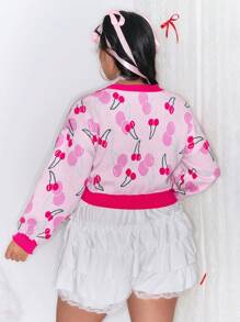ROMWE Kawaii Vintage Cute Cherry Color Contrast Plus Size Cardigan Sweater - Pink - View 5