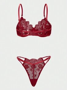 SHEIN 2 Peças Conjunto de Lingerie Vintage Romântico Bordado Borgonha para Mulheres, Sexy - Vinho - Visão 2