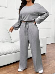 SHEIN Frenchy 1pc Plus Size Women Casual Loose 2 Pieces Set,Fashionable Grey Sports Outfit With Long Sleeve Top & Matching Bottom, Comfortable & Versatile For Daily Wear - Light Grey - View 4