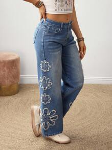 EMERY ROSE Quần Jeans Ống Thẳng Túi Vá Hoa Cho Nữ Thường Ngày - Màu xanh lam - Xem 6