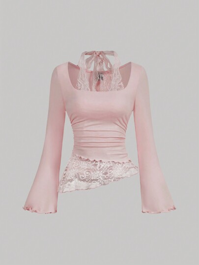 SHEIN MOD Blusa de mujer con cuello de encaje de choker, bajo asimétrico fruncido, empuñaduras de encaje y cintura con lazo