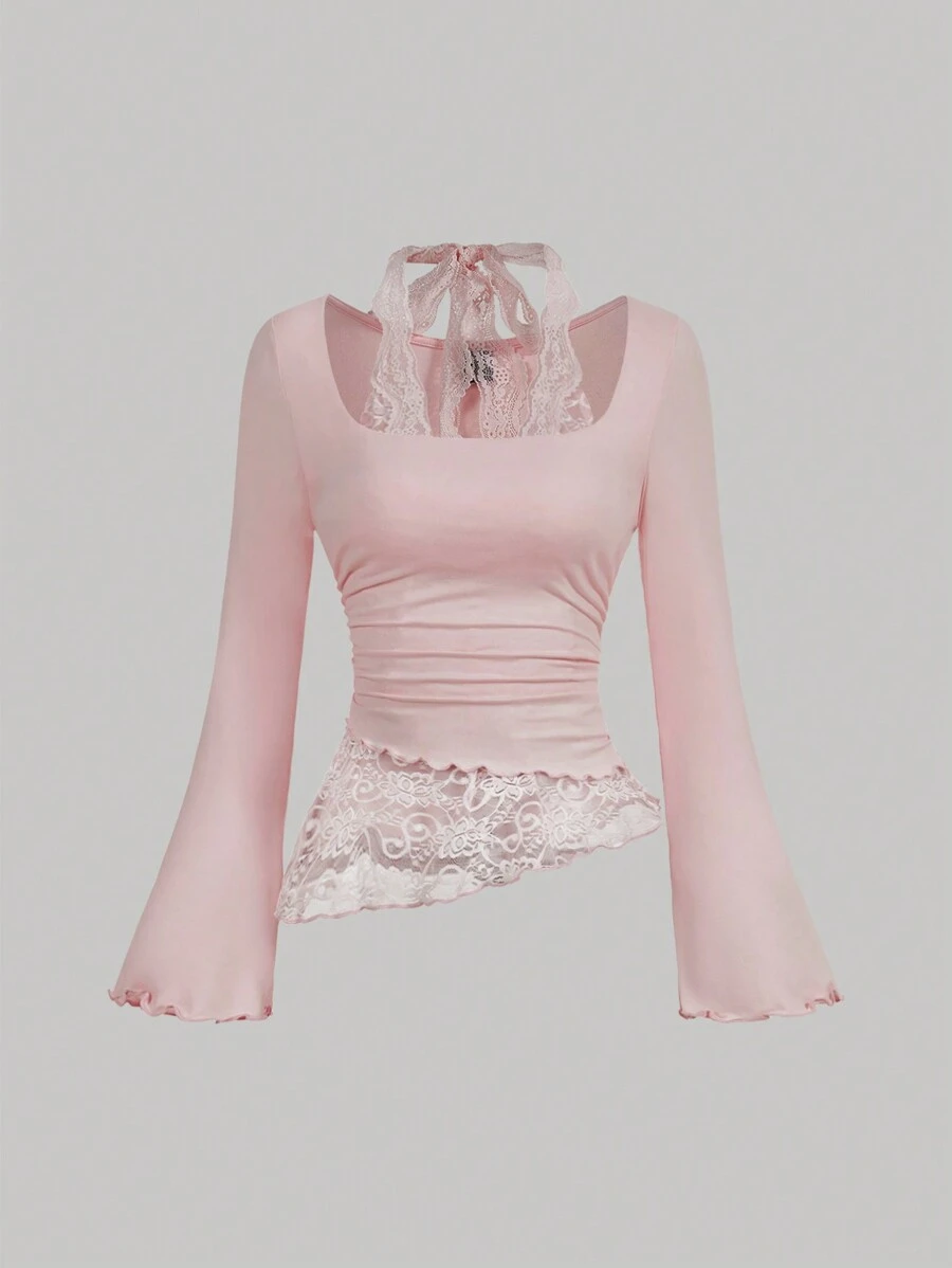 SHEIN MOD Damstickad spets lapptäcke Asymmetrisk fåll Ruched Choker Neck Spetskant Knytbar midja blus - Rosa - Visa 1