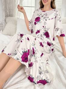 Ruffle Trim Floral Print Long Nightgown Babydoll With Short Sleeves PerfectSummer - Multicolor - View 5