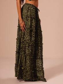 MUSERA Leopard Print Chiffon Shirred Soft Long Skirt Ibiza Fits Summer Boho Chic Elegant - Multicolor - View 4
