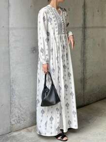 FRIFUL 女士白色长款宽松波西米亚风印花连衣裙度假装 - 白色 - 查看 4